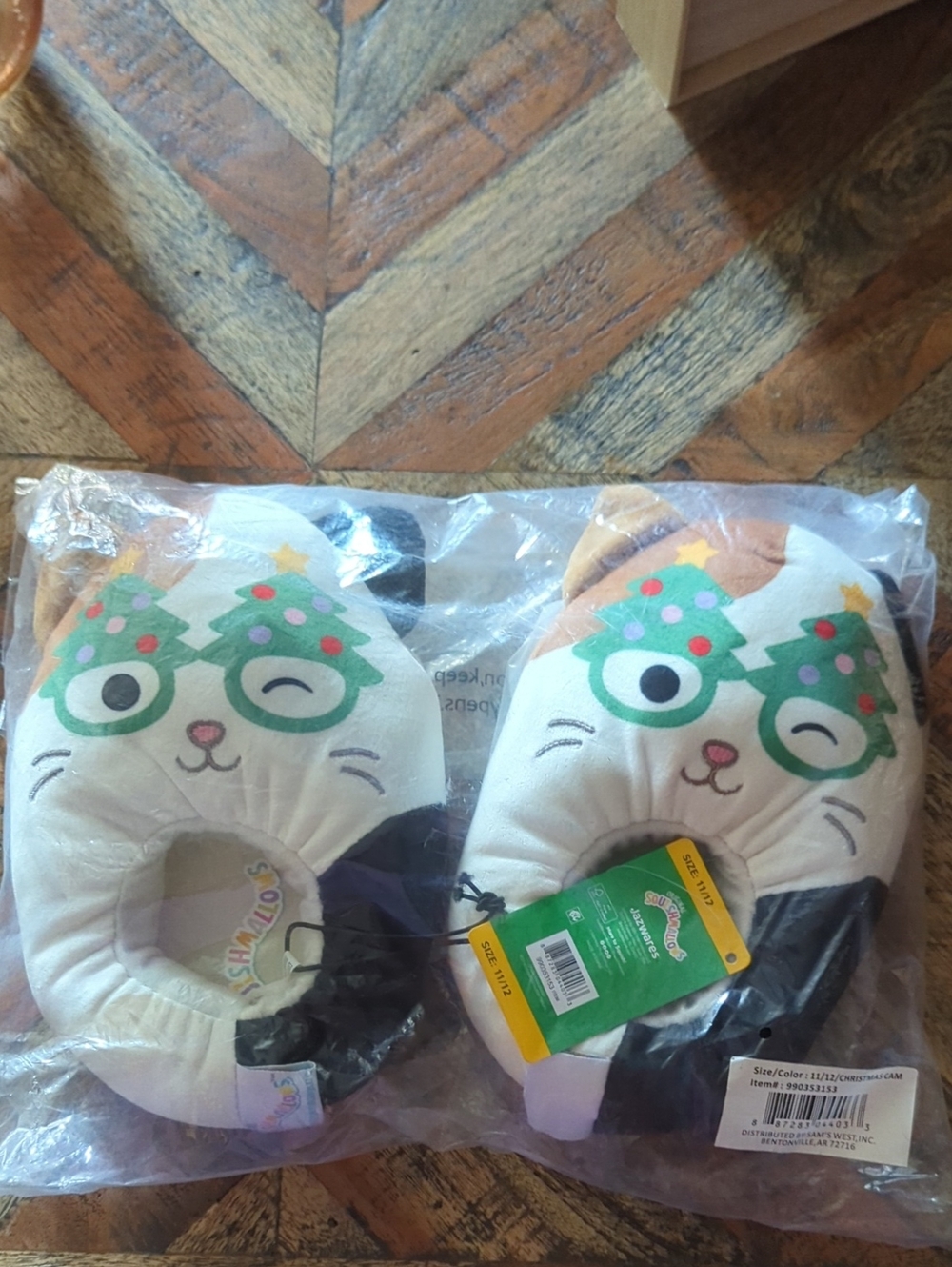 Squishmallows Cream Cat Neck Pillow with Green Holiday Glasses